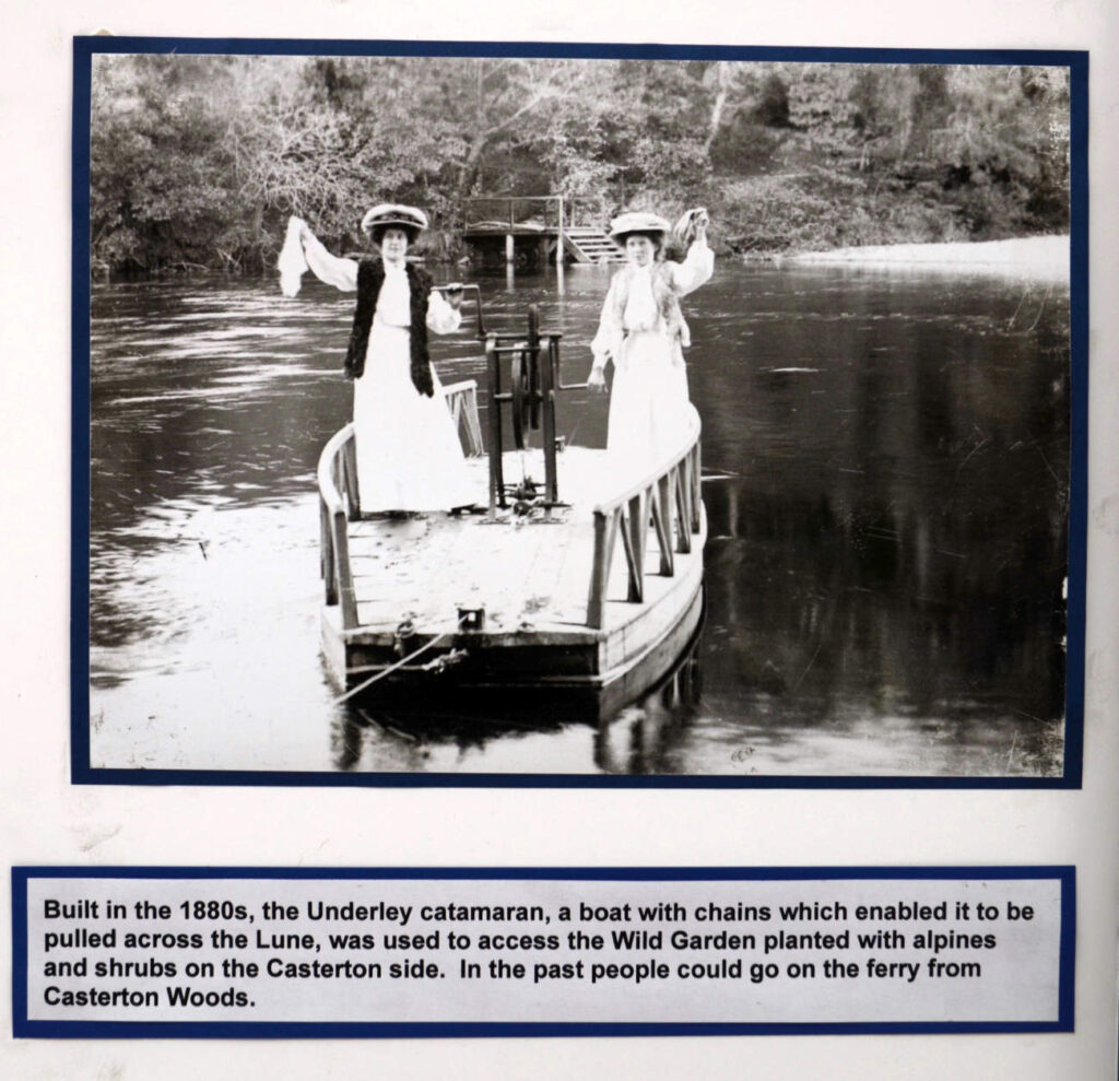 Historical photo of people crossing the river Lune on the Underley catamaran