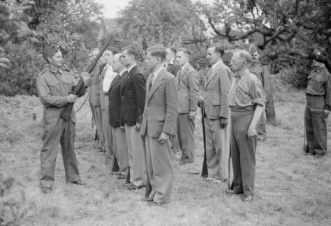 home guard on parade in an orchard